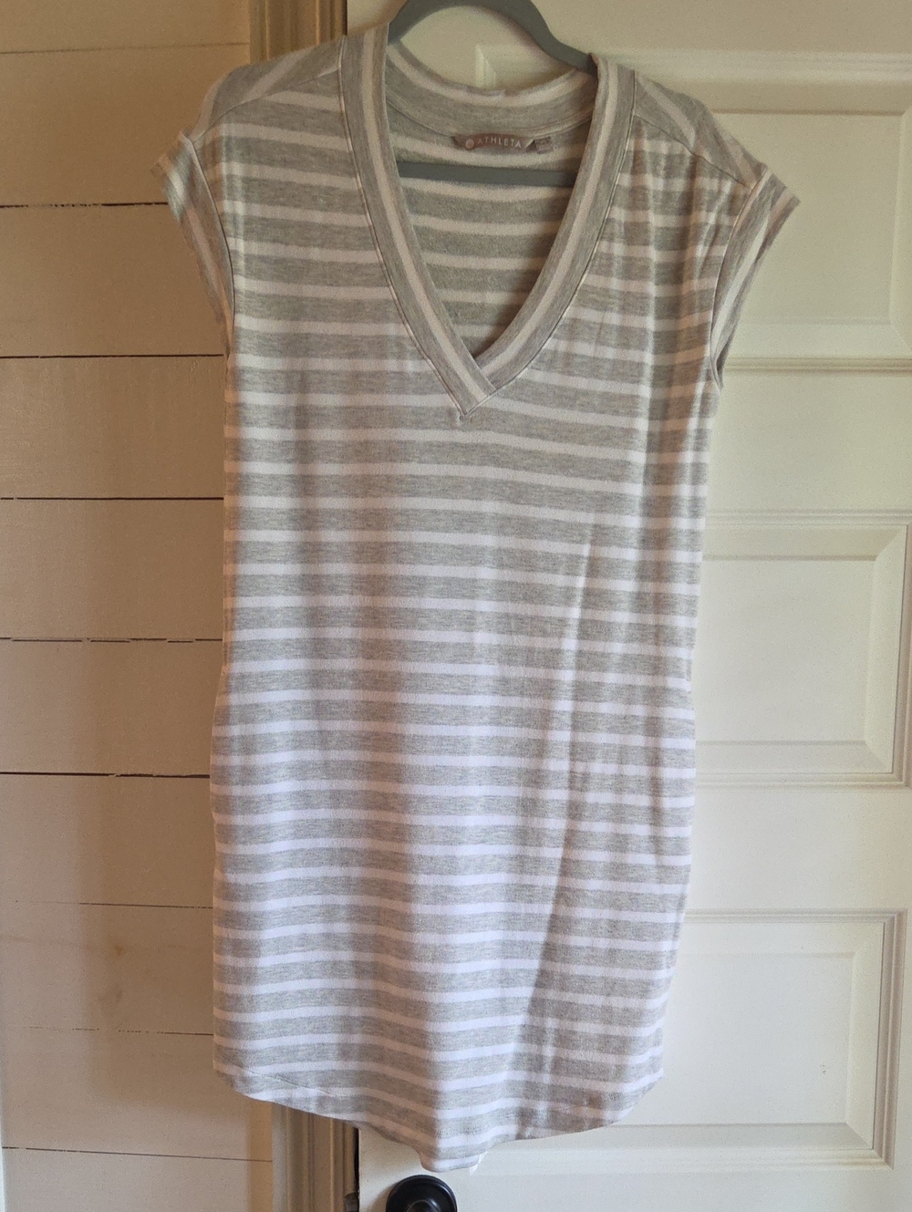 Athleta Gray and White Striped V‑Neck Sleep Chemise